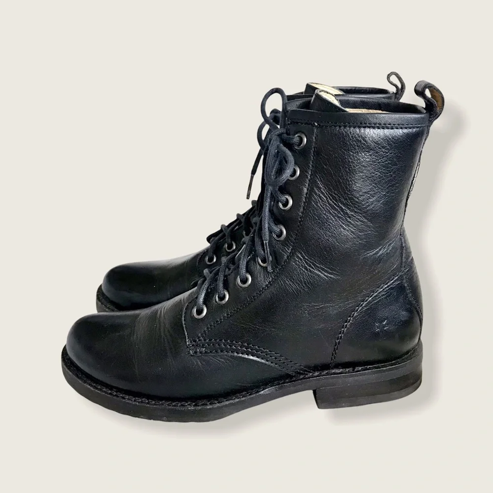 Frye Veronica Combat Black Leather Lace Up Boots - Picture 11 of 16